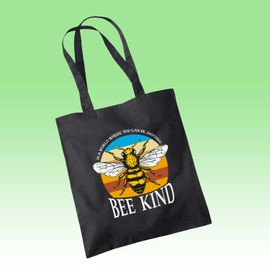 SmartyPants World Where You Can Be Anything... Bee Kind Black Tote Bag Cotton Shopper Nature Vintage Retro Style Wasp Honey Hive Flower Pollen Love Quote Phrase Sign Present Gift (Black)