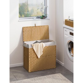 Greenstell Laundry Hamper with lid, No Install Needed, 130L Wicker Laundry Baskets Foldable 2 Removable Liner Bags, 2 Section Clothes Hamper Handwoven Rattan Laundry Basket with Handles, Natural