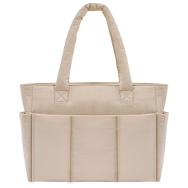 soewten Puffer Tote Bag for Women Work, Large Tote Bags for Travel, Laptop Tote Bag with Zipper, Quilted Bag Tote Purse, Christmas Gifts for Women, Nurse and Teacher, Camel