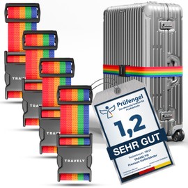 Travely® Premium Luggage Strap – Particularly Eye-catching and Safe – Includes 2 Name Badges – Suitcase Strap Ideal Cross – [Set of 4] – Colourful
