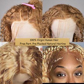 Shoaiye 13 x 6 Lace Front Real Hair Wig, Women's Deep Wave Human Hair Wig, Wear and Go Glueless Remy Pre Plucked Natural Hairline, 150% Density, Honey Blonde Colour for Woman, 18 Inches