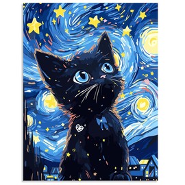 Stamped Cross Stitch Kits for Adults - Black Cat Starry Sky Embroidery Kits for Beginners Adults,11 CT Patterns Dimensions Counted Cross Stitch Kits for Adults Arts Craft 12x16 inch ﻿