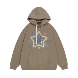 Vamtac Star Graphic Fleece Hoodie Vintage Denim Applique Embroidery Oversize Heavyweight Pullover 2025 Outfits Coffee M