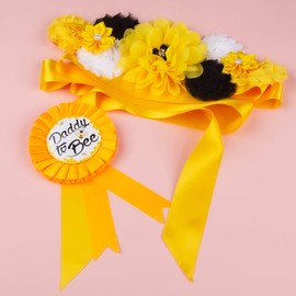 Baby Shower Maternity Sash Belly Belt, Mom to Be & Dad to Be Button Pin, Pregnancy Maternity Flower Sash Belt for Gender Reveal (Yellow Bee)