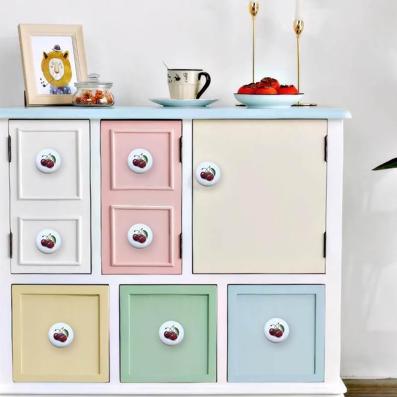 Lasyman 8 Pack Round Cabinet Knob1.5 Cherries Fruit Ceramic Rustic