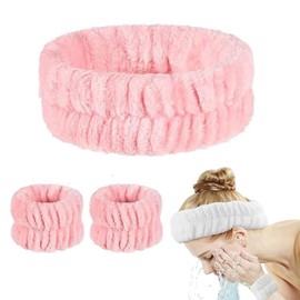 3Pieces Spa Headband Wrist Washbands - Microfiber Head Band Skincare Headbands Makeup Headband and Wristband Set for Washing Face, Facial Wrist Towel Washbands for Women Girls (Rose Red)