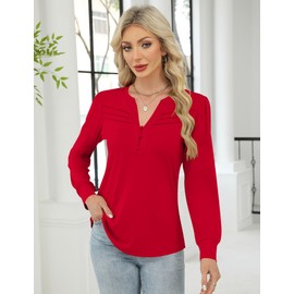 Rapbin Long Sleeve Shirts for Women Henley V Neck Dressy Casual Tops 2025 Trendy Work Blouse Red