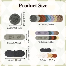 90 Pcs Handmade Leather Labels, Colorful Handmade Tags PU Leather Labels, 3 Style Microfiber Sewing Labels Hand Made Embossed Tag with Holes for Crafts Sewing Clothing Decors