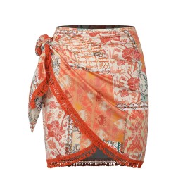 ZAFUL Slit Skirt for Women Boho Print Tie Side Wrap Tassel Casual Beach Mini SkirtColor: boho-Orange, Size: M