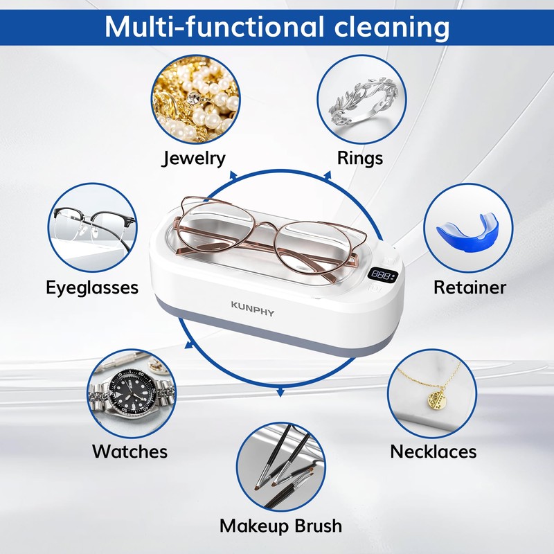 Upgraded KUNPHY Ultrasonic Jewelry Cleaner with 50ml Solution, 48KHZ, 12OZ