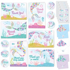 Decorably 30 Pack Glittery 4.9x3.5in Mermaid Thank You Cards with Envelopes & Stickers, 6 Adorable Designs for Kids & Adults, Blank Inside - Baby Shower, Kid's Theme Party, Birthday, Gifting, Mailing