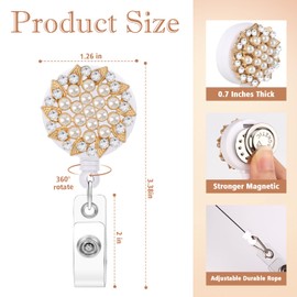 Flower Magnetic Badge Holder Retractable Badge Reel Diameter 1.26" Pearl Gold Flower Magnetic ID Badge Clip Magnet Name Tag Holder for Shirt Nurse Teacher Doctor Office with 24 Inch Pull Cord