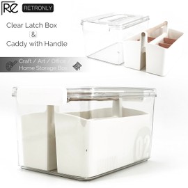 RETRONLY Stack & Carry Craft Box - Art Supply Storage Containers with Dividers, Clear Portable Craft Caddy with Latch Handle(11'', Pink, 2in1 Set)