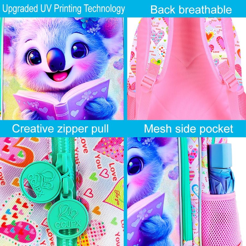 gxtvo 3PCS Koala Backpack for Girls, 16" Kids Bookbag with