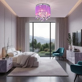 Purple Crystal Ceiling Light Fixture, 3-Light E12 Semi Flush Mount, Handmade Cotton String Shade, Elegant Modern Chandelier for Girls Room, Nursery, Dressing Room, or Closet (Bulbs Not Included)