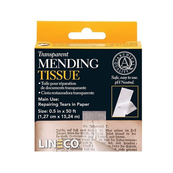 Lineco 1/2" x 600" Archival Transparent Mending Tissue. Pressure Sensitive, Non-Yellowing, Neutral pH, Removable with Solvents, Conservational, Framing, DIY, Craft.