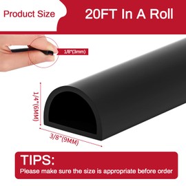 RAINFLOW 20FT Weather Stripping Door Seal - Self Adhesive Door Weather Stripping,D Shaped Silicone Seal Strip for Doors Frame,Window Seals (Black 3/8" W × 1/4" T)