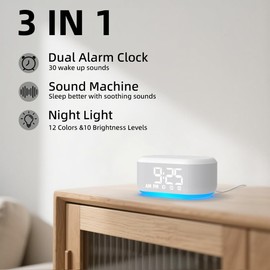 LazyNight 3 in 1 Alarm Clock Sound Machine Nightlight for Bedroom Plug in Digital Clock with 30 Wake up Sounds Lound Alarm Clock for Heavy Sleepers Snooze for Kids Adult 32 Adjustable Volume