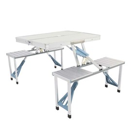 M-K Aluminum Folding Camping Picnic Table with 4 Bench Chair Stool Seat Portable Set, Silver
