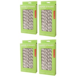 Kikkerland, Gray and White Biodegradable Paper Straws, Striped, Box of 144