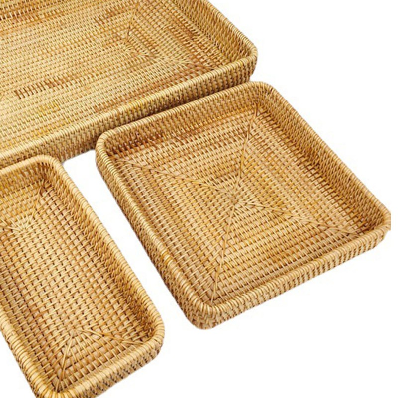 Rattan Tray Tabletop Organization Hand Woven Snack Storage Basket Multifunctional