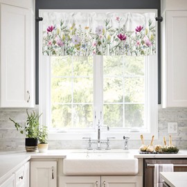 YOKOU Curtain Valance, Wildflowers Spring Watercolor Flower Floral Print Plants Short Rod Pocket Window Treatment for Living Room, Bedroom, Kitchen, Bathroom, 1 Panel, 54" W x 18" L