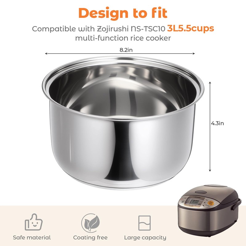 Baderke 304 Stainless Steel Inner Pot Compatible with Zojirushi NS-TSC10