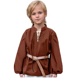 L'VOW Medieval Boys Shirt Renaissance Kids Lace-up Pirate Shirts Retro Viking Cowboy Colonial Costume Top(Brown,10-12yrs)