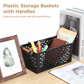 8 PCS Storage Baskets - 12 x 6 x 5 Inches Small Black Plastic Baskets with Handles, Nesting Organizers for Kitchen Shelves
