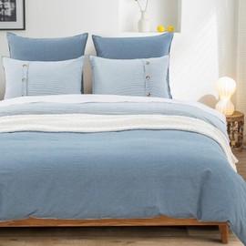 DAUAOTO King Size Duvet Cover Set 104"X90" Zipper Closure, Washed Cotton Bedding Reverse to Yarn-Dyed Stripe, Chambray