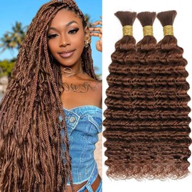 Human Braiding Hair for Boho Braids 150g 16 Inch Auburn Brown Curly Boho Hair for Braiding Knotless 12A Deep Wave Bulk Bohemian 3 Bundles/Pack Color 30