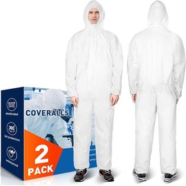 CAREGY Hazmat Suits 2 Pack Disposable Protective Coveralls, Heavy Duty Full Body Painters Suit for Men & Women with Elastic Wrists, Ankles and Hood, Available in 4 sizes-3X-Large