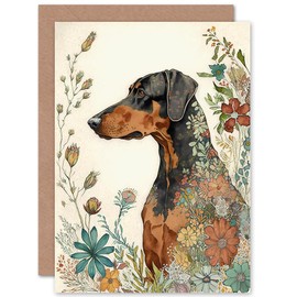Artery8 Doberman Dog with Spring Flowers Colourful Watercolour Illustration Art Birthday Sealed Greeting Card Plus Envelope Blank inside