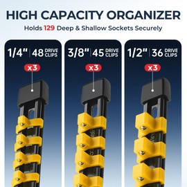 Reniteco 9-Piece Socket Organizer Set - 1/4-Inch x 48 Clips, 3/8-Inch x 45 Clips, 1/2-Inch x 36 Clips, Heavy Duty ABS Socket Holder, Premium Quality Socket Clip Rail Holder for Tool Box Drawer