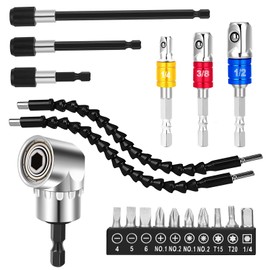 Flexible Drill Bit Extension 19pcs Tools, 105°Right Angle Drill Attachment,1/2 3/8 1/4 inch Universal Socket Adapters, Hex Shank Drill Bit Holders & Universal Tool Screwdriver Bit Kit