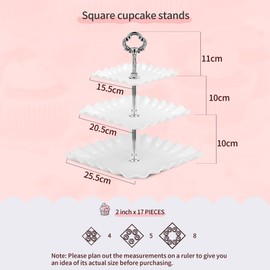 NWK Pack of 2 Large Square 3-Tier Cupcake Stand 30cm Height Plastic Cake Stand Food Round Display for Wedding Birthday Graduation Afternoon Tea Party