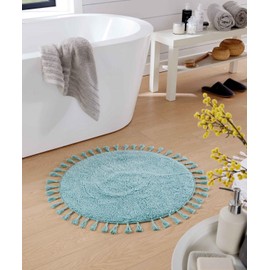 Voice7 Tasselled Duck Egg Round Bath Mat 100% Cotton, Non-Slip Bath Carpet for Heated Floors, Soft Bathroom Shower Rugs, Water Absorbent Bathmats 70 x 70 cm (Duck Egg)