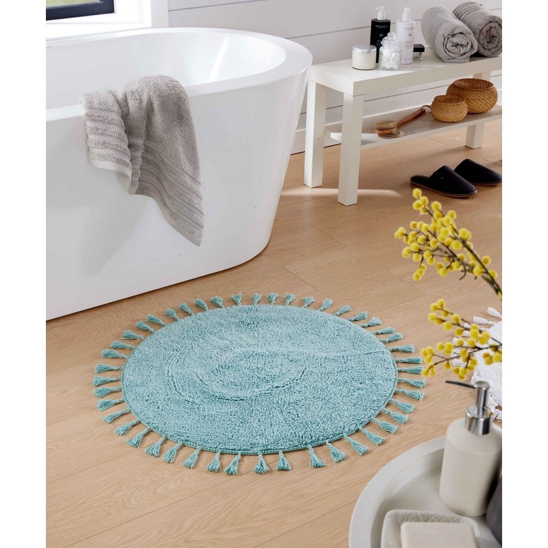 Voice7 Tasselled Duck Egg Round Bath Mat 100% Cotton, Non-Slip