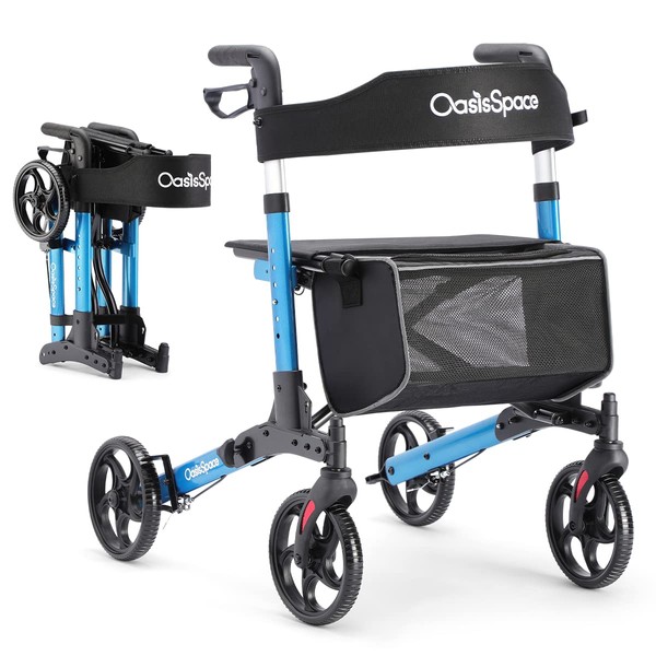 OasisSpace Ultra Folding Rollator Walker with Built-in Cable, Compact Design Rollator Walker with Seat & 8 inches Antiskid Wheels,Baking Finish Walkers for Senior (Blue)