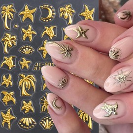 5D Embossed Gold Nail Art Stickers Summer Ocean Nail Sticker 2PCS Golden Flower Coconut Tree Turtle Starfish Nail Design Stickers Self Adhesive Nail Decals DIY Nails Decorations for Women