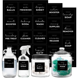 Minimalist Laundry Room Labels Set, v2croft 48 Black Matte Stickers on Clear Canisters, Home Organization Stickers for Cabinet & Drawer, Laundry Room, linens & Cleaning Supplies(Water Resistant)