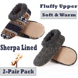 Cozylook 2-Pack Men's Soft Sole Slippers, Cozy Fuzzy Sock Shoes with Non-Slip Grippers, Unique Gifts, 2 Pack Mixed Grey & Navy, 10-11