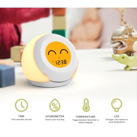 Kids Room Thermometer, Hygrometer and Cute Facial Expressions, Colorful Light Choose, 4 Level Dimmer, Indoor Temperature Monitor, LCD Screen Child Time Display Temperature and Humidity Gauge iTOMA 915