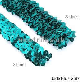 Elasticated Stretch Sequin Trimming 2cm and 3cms Wide 20 Metallic Colors Trim Craft Ribbon for Costume Dressmaking Cocktail Wear,Decoration Embellishment Stretches [Jade Blue Glitz, 2 Yard (2 Line)]
