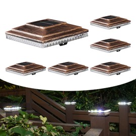 Solar Post Cap Lights,Outdoor Deck Fence Post Lights,Powerful Lithium Battery 20Lumens Two Light Modes Warm White/Bright White Suitable for 4x4 5x5 Wooden Posts,4x4 Viny Posts (Brushed Copper, 6pk)