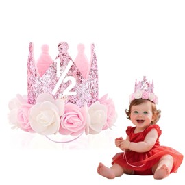 HUSHRICH Baby Girls 1/2 Birthday Party Hat, Cute Flower Princess Girls Half Birthday Crown, Adjustable Half Birthday Hat Baby Crown for Baby Girls 6 Monthes Birthday Party Pink Flower