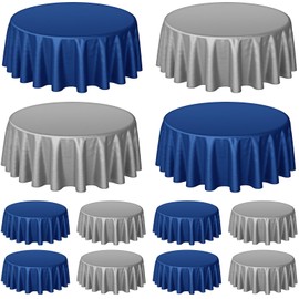 Buryeah 12 Pcs 84 Inch Navy Blue and Silver Round Plastic Disposable Table Cloth Waterproof Tablecloth Circle Table Covers for Bridal Wedding Birthday Party Gender Reveal Baby Shower
