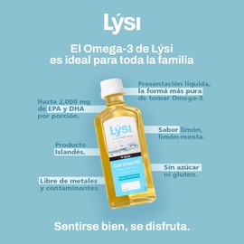 LÝSI, Omega 3 en Aceite de Bacalao, Contiene Vitaminas A, D3 y E, Sabor limón/menta, Para toda la familia, Contribuye a la salud cerebral, de la vista y ósea, Sin gluten y azúcar, 240 ml