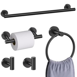 5 Pieces Matte Black Bathroom Hardware Accessories Set, Bathroom 23.6 Inch Towel Bar Set Stainless Steel Toilet Paper Holder Round Towel Racks for Bathroom Wall Mounted