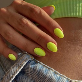 Neon Green Press on Nails Short Oval Acrylic Nails Press on, Solid Color Medium Short Oval Fake Nails for Women Reusable Thick Round Nails Glue on, Medium Almond Nails Soft Gel False Nails 24Pcs